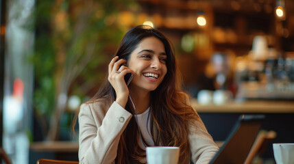 Joyful Indian Businesswoman Connects with Clients at Cafe Over Coffee