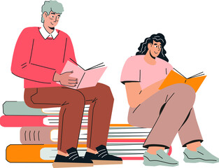 People man and woman read books. Characters for reading hobby, bookcrossing or education topics.