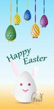 Happy Easter card with traditional Easter symbols, Easter rabbit with painted eggs, vector drawing, portrait orientation, vertical design, illustration.