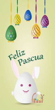 Happy Easter card with traditional Easter symbols, Easter rabbit, painted eggs and Spanish text Feliz Pascua, vector drawing, portrait orientation, vertical design, illustration.