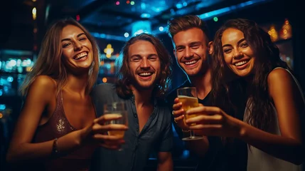 Foto op Plexiglas Nice attractive stylish cheerful cheery positive carefree guys ladies having fun hanging out best summer year student festive in new cool bar modern place indoors © Tahir
