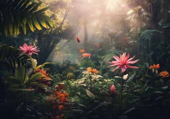 Obraz na płótnie Canvas Jungle Bloom Oasis: Vibrant Flora Amid Greenery