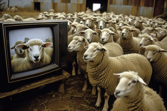 Schafherde schaut zusammen in einen Fernseher