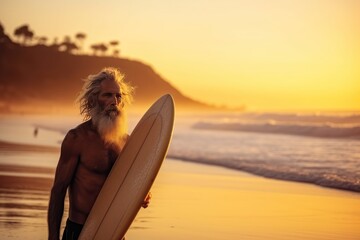 Full length portrait of senior man with surfboard on beach at sunset. Sport concept. Vacation and Travel Concept with Copy Space. - obrazy, fototapety, plakaty