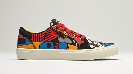 a pair of innovative skateboarding shoes with a durable grip sole and creative graphic prints.
