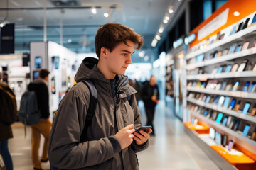 Young man in a cell phone shop