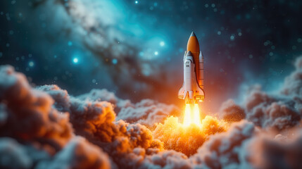 Obraz premium Cartoon rocket launching into space.