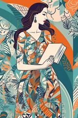 illustration, a girl who is reading a standing book