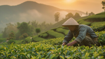 Fototapeta premium Tea plantation, hill tribe farmer harvest tea leaves. Silhouette mountain with fog and morning sunlight