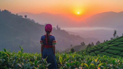 Fototapeta premium Tea plantation, girl hill tribe standing on tea field looking towards as the sun sets. Silhouette mountain with fog