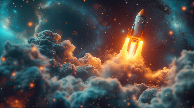 Cartoon rocket launching into space.