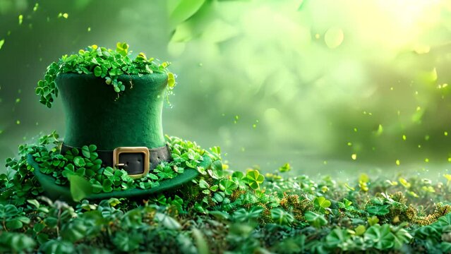 Saint Patrick's Day green hat with four clover leaves. Green leprechaun hat in green clover.Irish traditional spring holiday.Saint Patrick background.St. Patricks Day green background with shamrock le