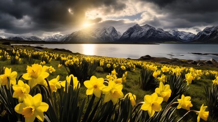 Spring field of yellow buttercup flowers with storm aproaching over distant mountains, Myrland, Flakstadøy, Lofoten Islands, Norway - obrazy, fototapety, plakaty