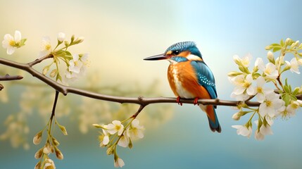 Common kingfisher sits on willow branch with fresh green, Hesse, Germany
