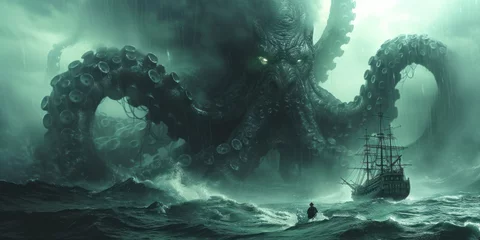 Poster Kraken is a mythological sea monster in the form of a giant octopus that can attack fishing boats. ai generated © nahwul