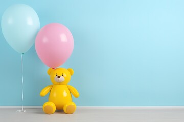 Obraz premium Happy Yellow Teddy Bear Sitting on a Beautiful Pastel Background with Copy Space for Text