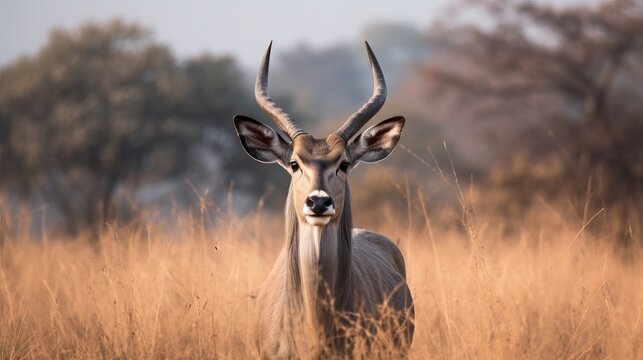 The Nilgai or blue bull,  the largest Asian antelope is grazing on green grassland at Ranthambore National Park, Rajasthan, India.
