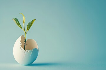 New life emerging from cracked blue eggshell on blue background with text space