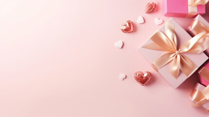 Valentine's Day flat lay composition with gift boxes and hearts on pastel pink background. Flat lay, top view, copy space
