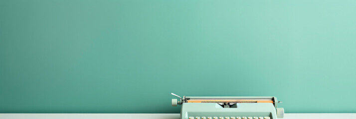 Retro mint green typewriter against a turquoise background with a wide, empty space. Ideal for graphic design mockups and vintage technology themes.