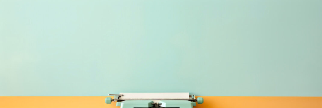 Vintage typewriter on a pastel orange and blue background with ample copy space. A concept of retro technology, writing, literature, and creativity.