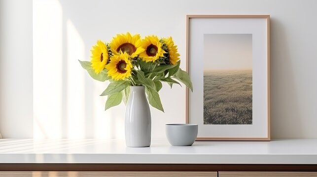 Vertical shot of summer bouquet with sunflowers in vase on dining table in kitchen. Minimalist home with cozy interior design, empty art painting in picture frame on white copy space wall