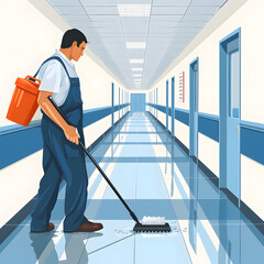 Janitor mopping a school corridor isolated on white background, detailed, png
