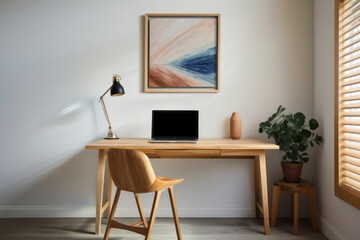 Simple, uncluttered home office space with a wooden desk, a laptop, and a single piece of artwork on the wall