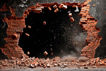 A large hole in red brick wall with blowing pieces of bricks - obrazy, fototapety, plakaty