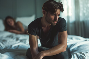 Sad distraught man sitting on a bed in front of a reclining woman, problems potency problems problems sex problems