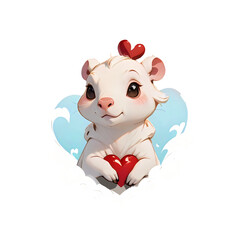 white ferret-like creature with a heart-shaped marking on its forehead and another red heart clasped between its paws. It has large, innocent-looking eyes that give it a charming expression.