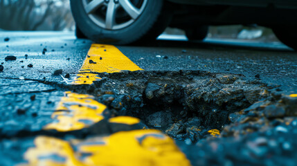 Broken asphalt road with cracks and yellow line on asphalt surface.