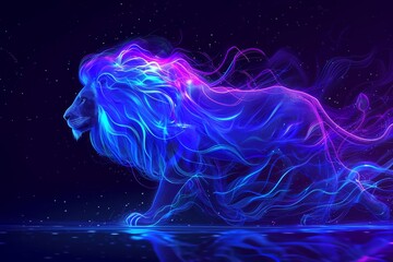 An image of a gradient blue-violet lion, in the style of glowing neon - obrazy, fototapety, plakaty