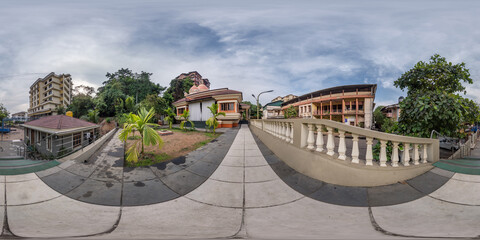 seamless spherical hdr 360 panorama near hindu temple inside old houses in narrow courtyard or...