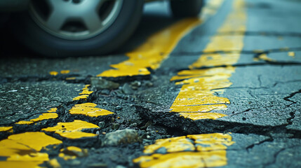 Broken asphalt road with cracks and yellow line on asphalt surface. - obrazy, fototapety, plakaty