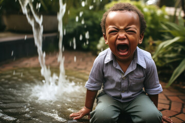 3-year-old boy, South African, in a garden, crying loudly because he's not allowed to play with water