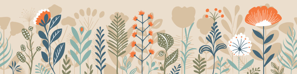 Hand drawn grass and flowers, spring meadow, seamless border, vector illustration	