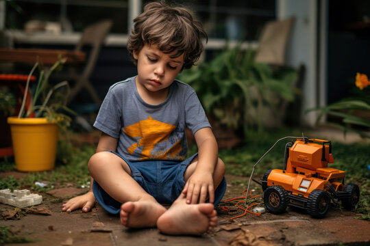 
Photo of a 4-year-old boy, Brazilian, in a backyard, upset over a broken toy