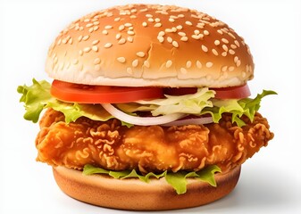 Delicious crispy chicken burger on white background