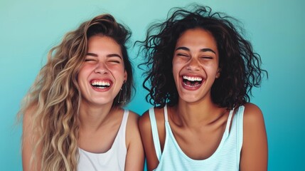 Funny best friends laughing cheerfully while standing together in a studio