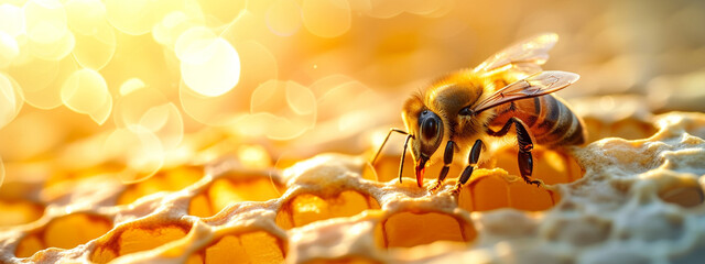 close-up of a bee sitting on a honeycomb, honey