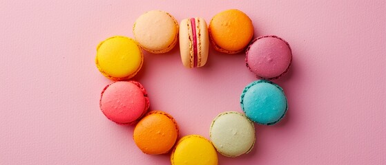 Fototapeta na wymiar A creative layout of colorful macarons arranged in a heart shape on a pastel surface. 
