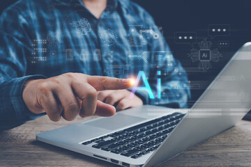 Ai technology, technology concept, businessman show virtual graphic Global Internet connect Chat with AI, Chat Ai, Chatbot, Futuristic technology transformation. Artificial Intelligence technology.