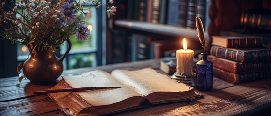 A vintage-inspired setup with an open, aged book, a quill, and an inkwell set on an old, wooden table. - obrazy, fototapety, plakaty