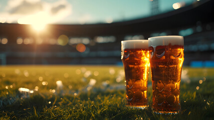 Cinematic wide angle photograph of two beer pint glass at a soccer field. Product photography. - obrazy, fototapety, plakaty