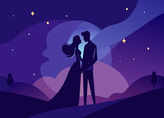 Fototapeta na wymiar A couple's silhouette kissing under a starry sky. vektor illustation