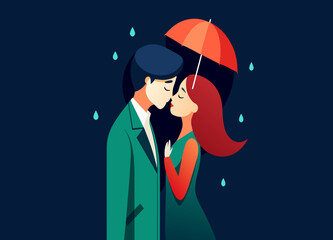 Naklejka na ściany i meble A couple sharing a passionate kiss in the rain. vektor illustation