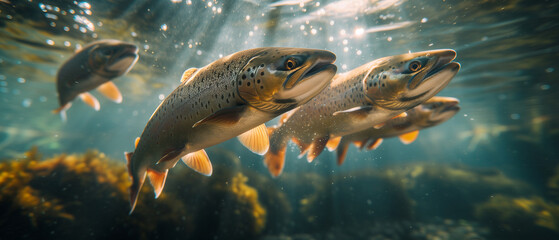 Fototapeta premium A school of salmon swimming in a natural stream, on their journey to spawn.