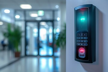 Modern Security in Action A Person’s Hand Entering Access Code on an Illuminated Digital Keypad in a Well-Lit Corridor