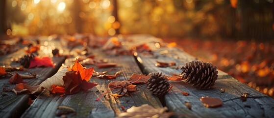A natural, outdoor setting with a wooden picnic table covered in scattered autumn leaves and pine cones. 